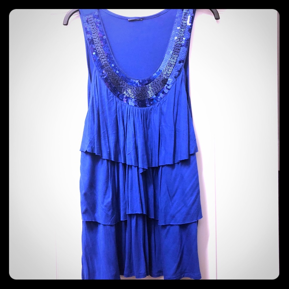 Vibrant Blue Ruffled Beaded Sparkly Top, XL